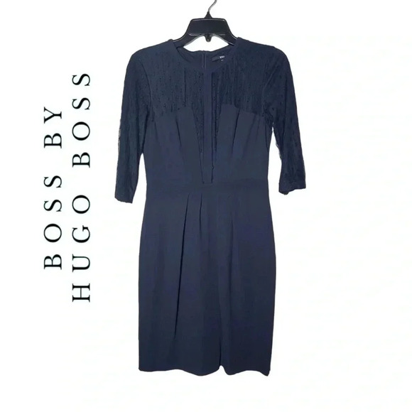 1788. BOSS BY HUGO BOSS KNEE LENGTH COCKTAIL/SEMI‎ FORMAL DRESS NAVY BLUE COLOR - Picture 1 of 9